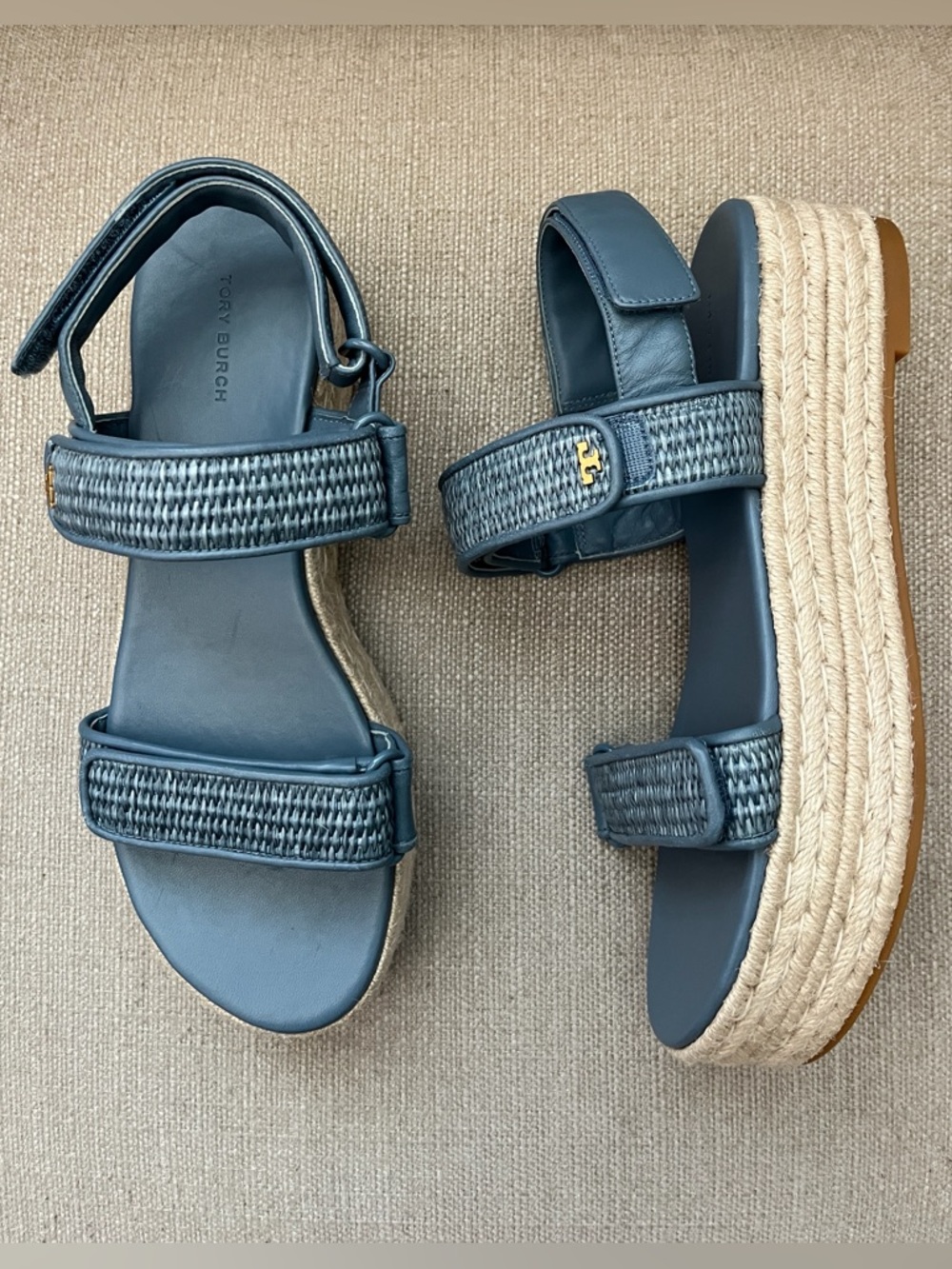 NEW Tory Burch Sport Espadrille Leather Raffia Blue Sandal  Size 9.5